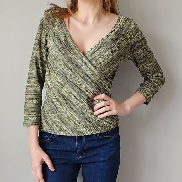 Y2K Mandee Crossover Surplice Top M Green Striped - Picture 1 of 9